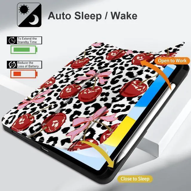 Alt view image 3 of 5 - MEEgoodo Case for iPad A16 11th Generation 11 inch 2025/iPad 10th Generation 10.9 inch 2022, Tablet Cover with Trifold Stand + Pencil Holder + Auto Wake/Sleep + Soft TPU Back Cover, Leopard & Cherry