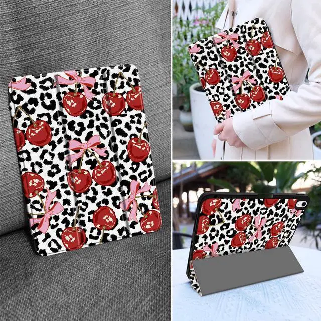 Alt view image 5 of 5 - MEEgoodo Case for iPad A16 11th Generation 11 inch 2025/iPad 10th Generation 10.9 inch 2022, Tablet Cover with Trifold Stand + Pencil Holder + Auto Wake/Sleep + Soft TPU Back Cover, Leopard & Cherry