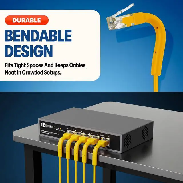 Alt view image 2 of 5 - Everest Ultra Slim Cat6a Ethernet Patch Cables 0.5ft (24-Pack) Yellow - 6 Inch 10GB Cat 6a Patch Cable - Bendable, Flexible & Thin Ethernet Cable - 32AWG 550MHZ Cat6a Cables - 100% Copper Wires