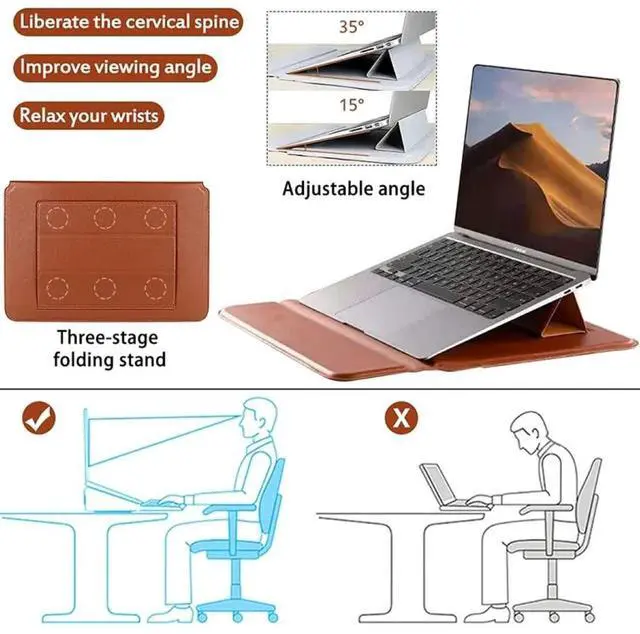 Alt view image 5 of 5 - Color Brown Laptop Sleeve 11-13.3 Inch for chromebook Samsung go MacBook air Dell XPS Protective Leather Case Waterproof Shockproof Magnetic Closure Adjustable Stand Slim Fit Business NOT for 14-16