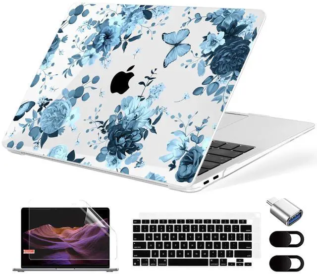 Main image of MecBevia Compatible with MacBook Air 13.3 inch Case 2021-2018 Release A2337 M1 A2179 A1932 Touch ID, Plastic Hard Shell&Keyboard Cover&Screen Protector&Webcam Cover&Type-C Adapter, Blue Flowers