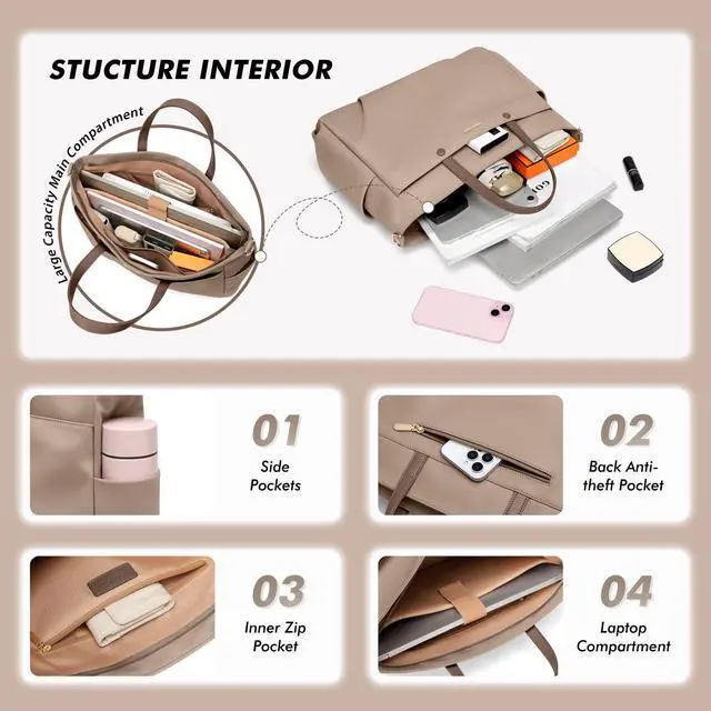 Alt view image 2 of 5 - Laptop Tote Bag 14 Inch, Computer Shoulder Bag Large Work Tote Bag for Women, Laptop Carrying Case Stylish Handbag for Business Travel (Champagne)