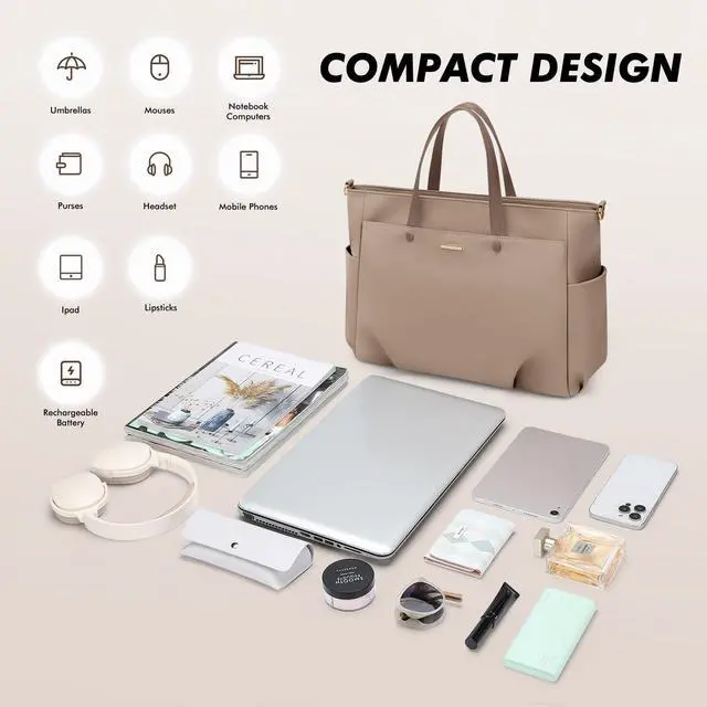 Alt view image 5 of 5 - Laptop Tote Bag 14 Inch, Computer Shoulder Bag Large Work Tote Bag for Women, Laptop Carrying Case Stylish Handbag for Business Travel (Champagne)