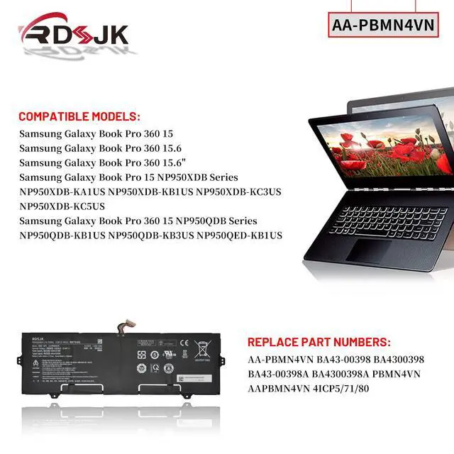 Alt view image 3 of 5 - AA-PBMN4VN Laptop Battery for Samsung Galaxy Book Pro 360 15 15.6" NP950XDB NP950XDB-KA1US NP950XDB-KB1US NP950XDB-KC3US NP950XDB-KC5US NP950QDB NP950QDB-KB1US NP950QED NP950QED-KB1US 15.44V 67Wh/68Wh