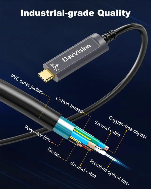 Alt view image 4 of 5 - DavVision USB C Fiber Optic Cable with Side Screw Lock 33 FT, 10Gbps USB 3.2 Gen2 Active USB C Cable with German Chip,Ultra Slim & Long Distance for Industrial Camera,Machine Vision,Conference Camera
