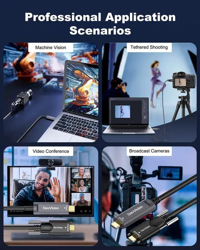 Alt view image 5 of 5 - DavVision USB C Fiber Optic Cable with Side Screw Lock 33 FT, 10Gbps USB 3.2 Gen2 Active USB C Cable with German Chip,Ultra Slim & Long Distance for Industrial Camera,Machine Vision,Conference Camera