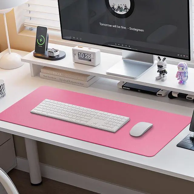 Alt view image 2 of 5 - Boutilon Leather Desk Pad Protector,Non-Slip Mouse Pad,Laptop Desk Pad,Office Mouse Mat,Waterproof Leather Desk Blotter,Desk Writing Pad for Office and Home (XXL-Rose Pink,47.2"x 17")