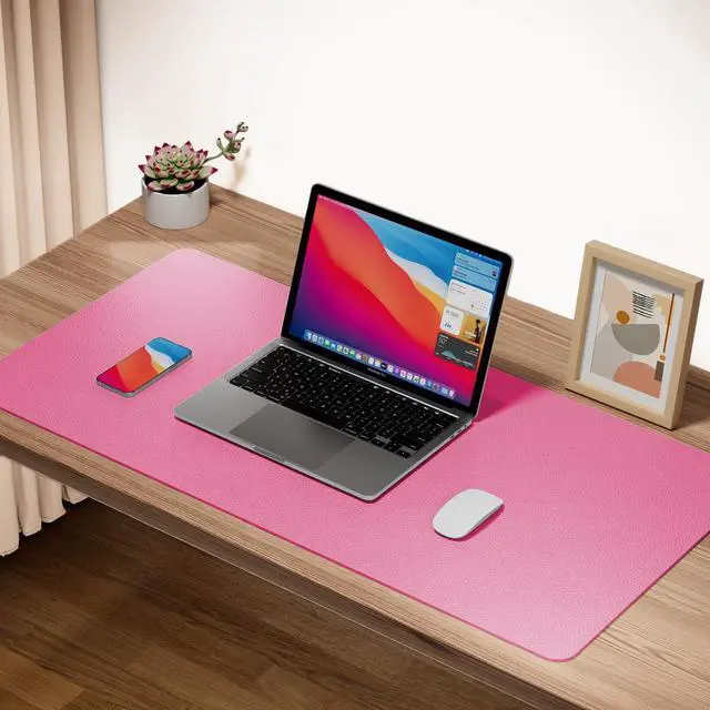 Alt view image 3 of 5 - Boutilon Leather Desk Pad Protector,Non-Slip Mouse Pad,Laptop Desk Pad,Office Mouse Mat,Waterproof Leather Desk Blotter,Desk Writing Pad for Office and Home (XXL-Rose Pink,47.2"x 17")