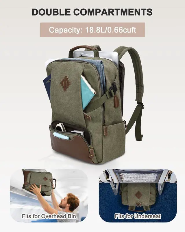 Alt view image 3 of 5 - Kasqo Laptop Backpack 15.6 Inch Canvas Waterproof Anti Theft Business Travel College Computer Bag 18.8L Carry on Bag with USB Charging Port for Women Men, Army Green