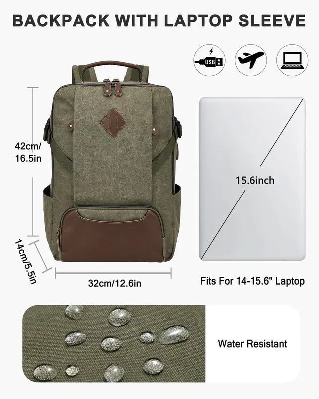 Alt view image 2 of 5 - Kasqo Laptop Backpack 15.6 Inch Canvas Waterproof Anti Theft Business Travel College Computer Bag 18.8L Carry on Bag with USB Charging Port for Women Men, Army Green