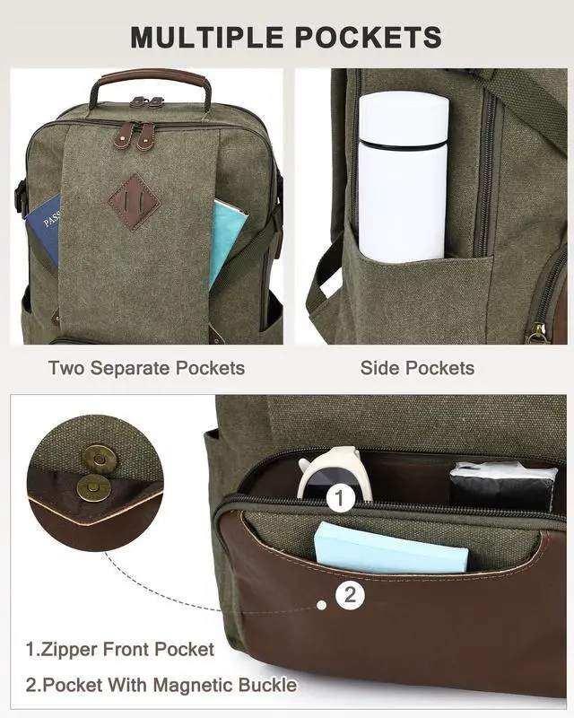 Alt view image 5 of 5 - Kasqo Laptop Backpack 15.6 Inch Canvas Waterproof Anti Theft Business Travel College Computer Bag 18.8L Carry on Bag with USB Charging Port for Women Men, Army Green