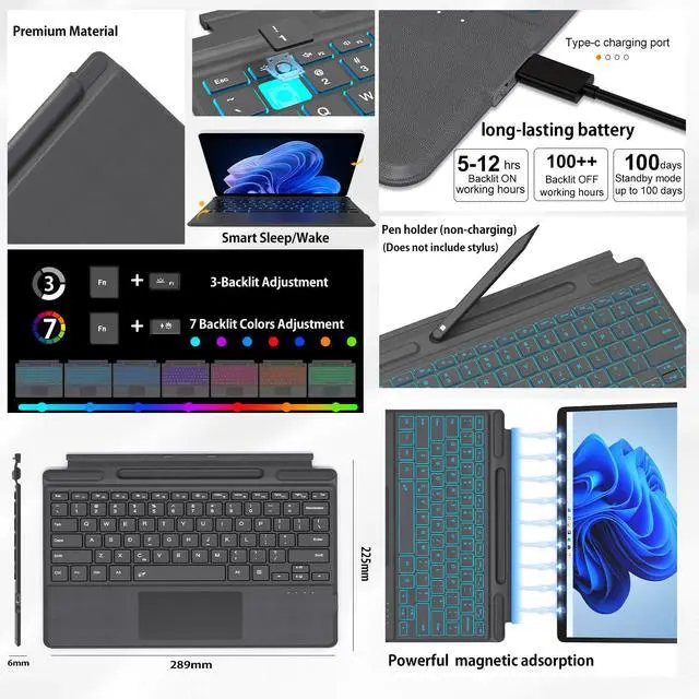 Alt view image 4 of 5 - Foeytaody for Microsoft Surface Pro 11/10/9/8/X Keyboard, Bluetooth Wireless Magnetic Keyboard with Palm Rejection Touchpad, Rechargeable Battery, 7-Color Backlit, Pen Holder for Surface Pro 13inch