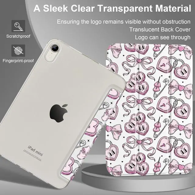 Alt view image 3 of 5 - MecBevia for iPad mini 7 (A17 Pro) 8.3-inch 2024(Models A2995/A2996/A2993) / iPad mini 6 8.3-inch 2021(Models A2567/A2568/A2569), 7th/6th Gen Hard Back Case with Auto Wake/Sleep, Love Ribbon