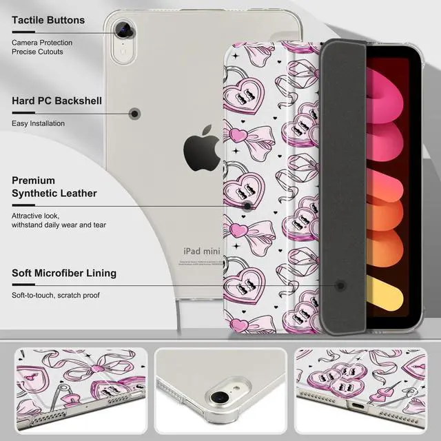 Alt view image 4 of 5 - MecBevia for iPad mini 7 (A17 Pro) 8.3-inch 2024(Models A2995/A2996/A2993) / iPad mini 6 8.3-inch 2021(Models A2567/A2568/A2569), 7th/6th Gen Hard Back Case with Auto Wake/Sleep, Love Ribbon