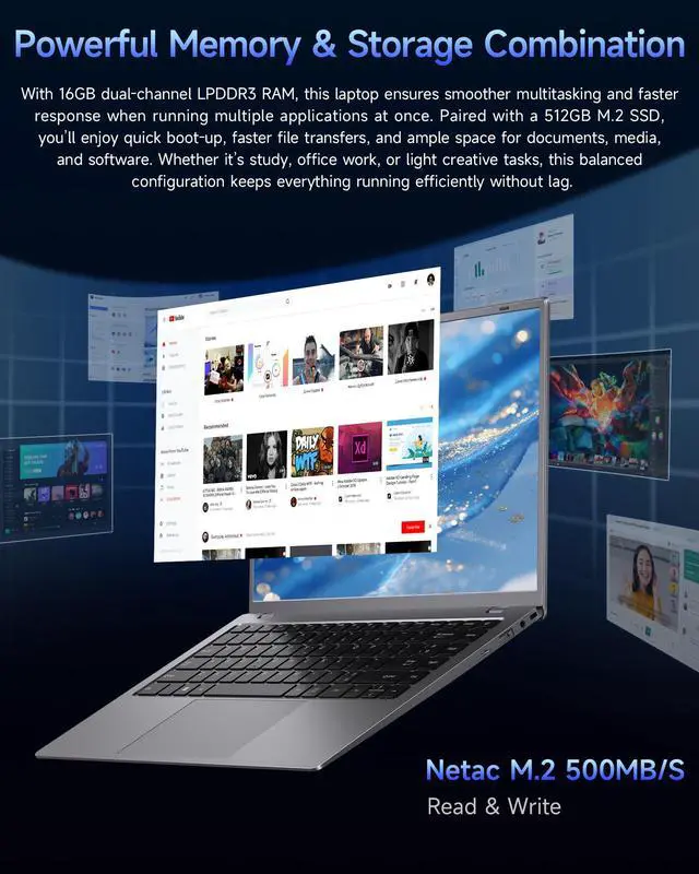 Alt view image 3 of 5 - Zrasu 14" Laptop Computer,Pentium Gold 6500Y (Up to 3.4GHz), 32GB RAM 1TB SSD, Win11 Pro Laptops with Type-C, HDMI, USB3.2, BT5, WiFi 5, Lightweight Business Laptop