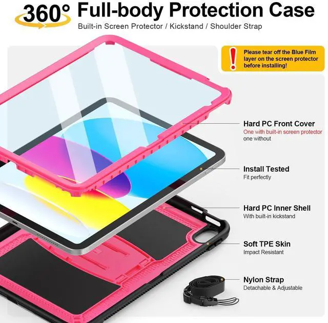 Alt view image 5 of 5 - SEYMAC stock Case for iPad (A16) 11th/10th Generation 11''/10.9'' 2025/2022, with Built-in Screen Protector, Shoulder Strap, Built-in Kickstand, Rugged Full Body Shockproof Protective Case, Pink