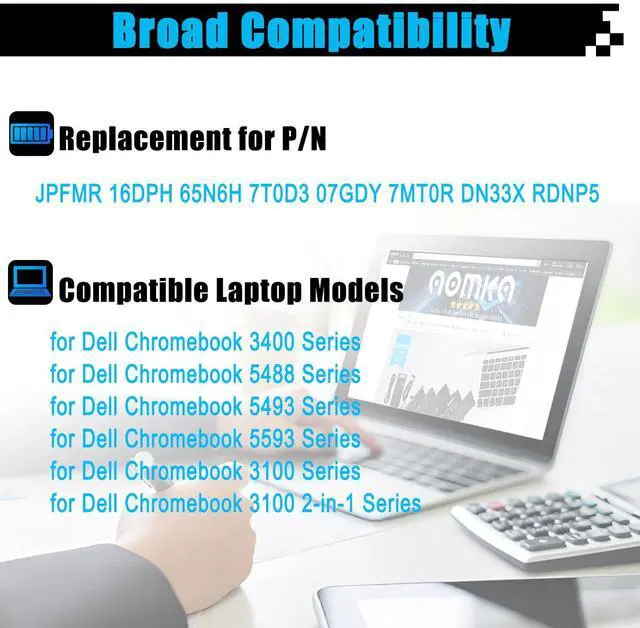 Alt view image 3 of 5 - AOMKA JPFMR Laptop Battery Replacement for Dell Chromebook 3100 3400 2-in-1 5488 5493 5593 P90F Series 0JPFMR 7MT0R 7MTOR 16DPH 7T0D3 07T0D3 DN33X RDNP5 65N6H 11.4V 3500mAh