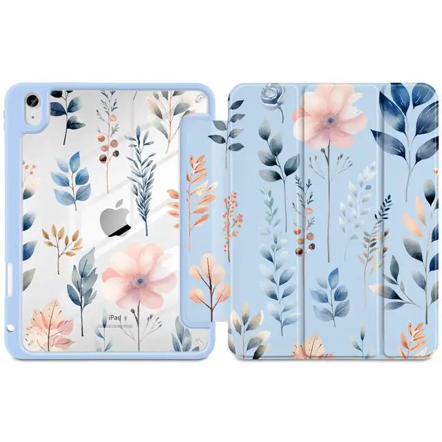 Alt view image 2 of 5 - Loyrina Case for iPad (A16) 11th Generation 11 inch 2025 /iPad 10th Gen 10.9 2022- Cute Patterns Blue Cover with Clear Back Shell Auto Wake Sleep Trifold Stand & Pencil Holder, Hand-Drawn Leaves
