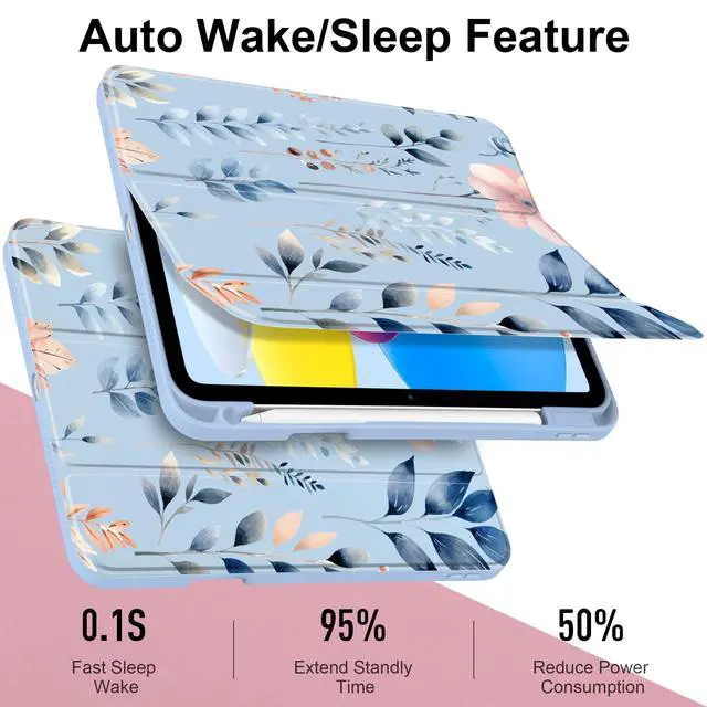 Alt view image 3 of 5 - Loyrina Case for iPad (A16) 11th Generation 11 inch 2025 /iPad 10th Gen 10.9 2022- Cute Patterns Blue Cover with Clear Back Shell Auto Wake Sleep Trifold Stand & Pencil Holder, Hand-Drawn Leaves