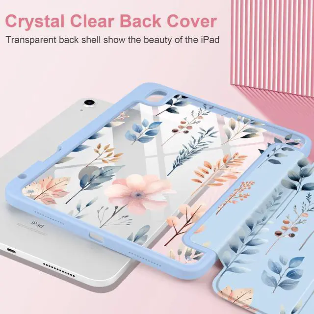 Alt view image 4 of 5 - Loyrina Case for iPad (A16) 11th Generation 11 inch 2025 /iPad 10th Gen 10.9 2022- Cute Patterns Blue Cover with Clear Back Shell Auto Wake Sleep Trifold Stand & Pencil Holder, Hand-Drawn Leaves
