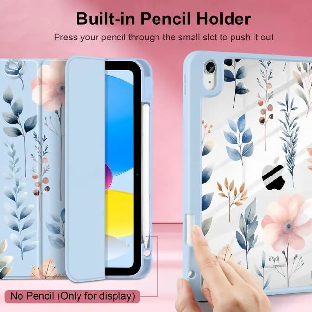 Alt view image 5 of 5 - Loyrina Case for iPad (A16) 11th Generation 11 inch 2025 /iPad 10th Gen 10.9 2022- Cute Patterns Blue Cover with Clear Back Shell Auto Wake Sleep Trifold Stand & Pencil Holder, Hand-Drawn Leaves