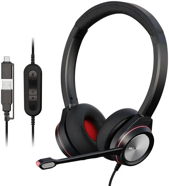 Main image of MKJ USB Headset with Microphone Noise Canceling for PC, Wired Headphone with USB-A and USB-C Plug, Computer Headset for Call Center Office, Clear Audio for Conference Meetings, Zoom, Ms Teams