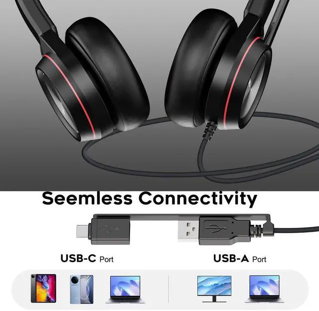 Alt view image 2 of 5 - MKJ USB Headset with Microphone Noise Canceling for PC, Wired Headphone with USB-A and USB-C Plug, Computer Headset for Call Center Office, Clear Audio for Conference Meetings, Zoom, Ms Teams