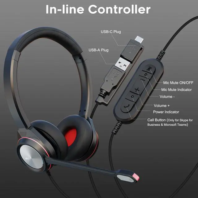 Alt view image 3 of 5 - MKJ USB Headset with Microphone Noise Canceling for PC, Wired Headphone with USB-A and USB-C Plug, Computer Headset for Call Center Office, Clear Audio for Conference Meetings, Zoom, Ms Teams