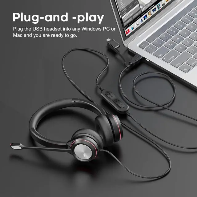 Alt view image 4 of 5 - MKJ USB Headset with Microphone Noise Canceling for PC, Wired Headphone with USB-A and USB-C Plug, Computer Headset for Call Center Office, Clear Audio for Conference Meetings, Zoom, Ms Teams