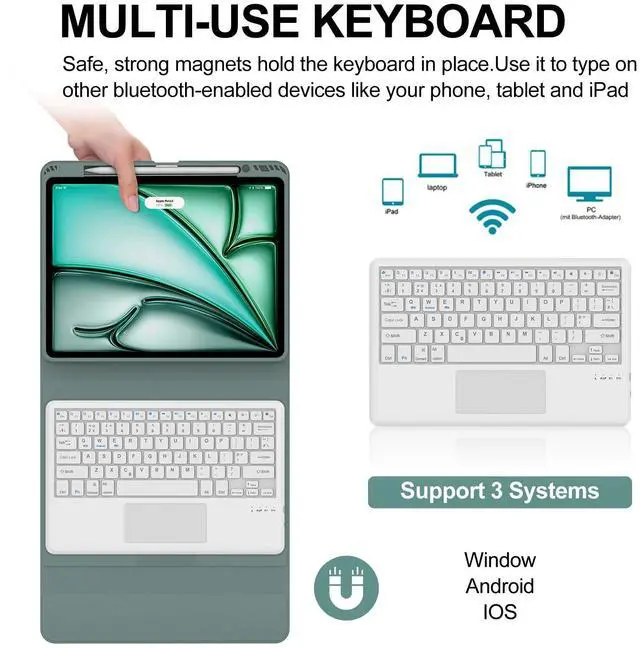 Alt view image 2 of 5 - Touchpad Keyboard Case for iPad Air 13 inch (M3 2025/M2 2024) - Multi-Touch Trackpad, Detachable Bluetooth Touch Keyboard Slim Folio Smart Cover with Pen Holder iPad 12.9"6th/5th/4th/3rd (Dark Green)