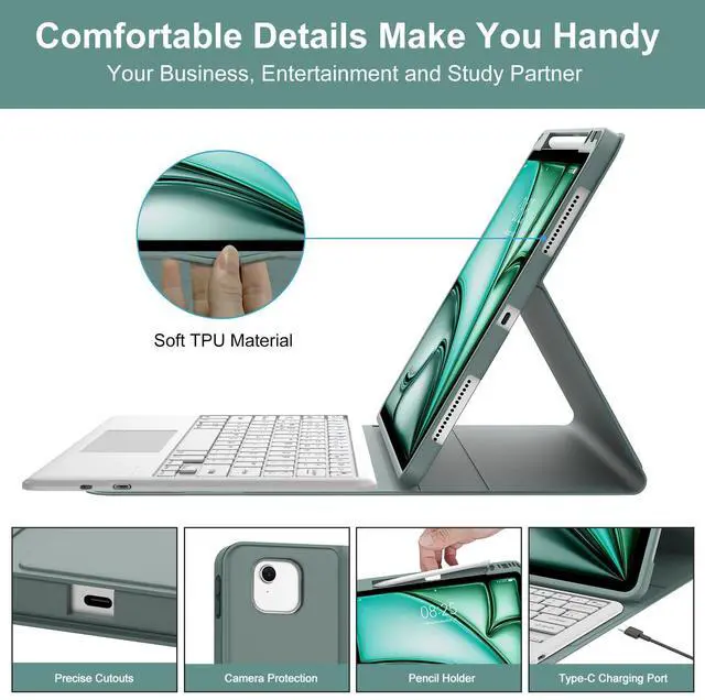 Alt view image 5 of 5 - Touchpad Keyboard Case for iPad Air 13 inch (M3 2025/M2 2024) - Multi-Touch Trackpad, Detachable Bluetooth Touch Keyboard Slim Folio Smart Cover with Pen Holder iPad 12.9"6th/5th/4th/3rd (Dark Green)