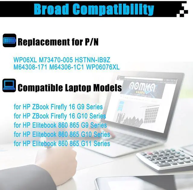 Alt view image 3 of 5 - WP06XL Laptop Battery Replacement for HP EliteBook 860 G9 860 G10 865 G9 865 G10 ZBook Firefly 16 G9 16 G10 EliteBook 860 865 G11 Series M73470-005 HSTNN-IB9Z M64308-171 M64306-1C1 WP06076XL 76Wh