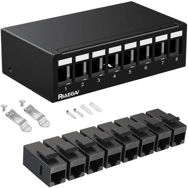 Main image of PBAEGAV Patch Panel 8 Port with 8pcs Cat6 Keystone JackEC Listed UTP No Rust and Durable (1U 8Port Cat6 Keystone Jack Unshielded)