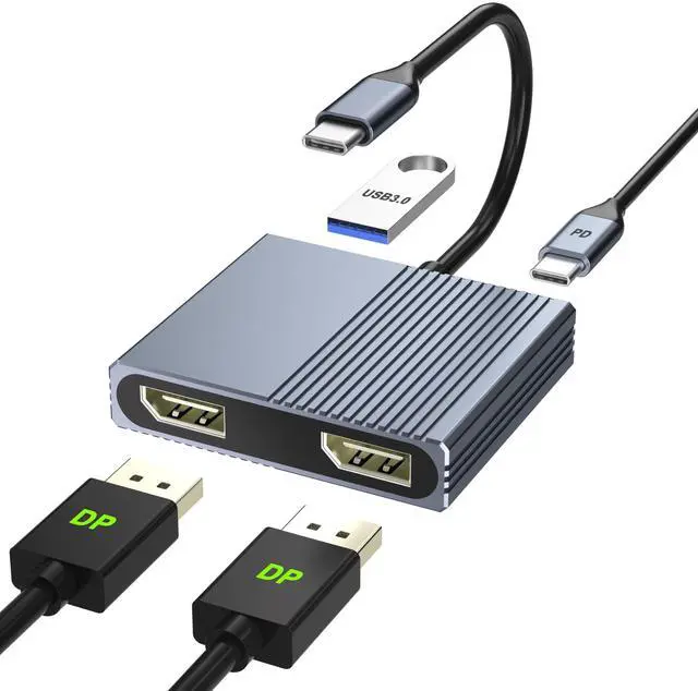 Main image of Display Port Splitter for Dual Monitors, 4K@60Hz USB C to Dual DisplayPort Adapter for Dell/HP/Mac Laptops, Type C to Display Port Multiport with USB3.0/PD, Dual Monitor Adapter, Displayport MST Hub