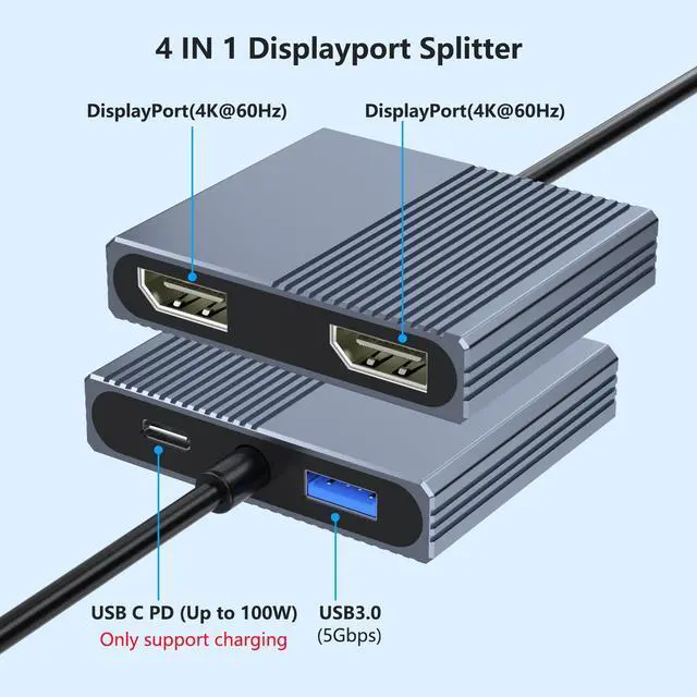 Alt view image 2 of 5 - Display Port Splitter for Dual Monitors, 4K@60Hz USB C to Dual DisplayPort Adapter for Dell/HP/Mac Laptops, Type C to Display Port Multiport with USB3.0/PD, Dual Monitor Adapter, Displayport MST Hub
