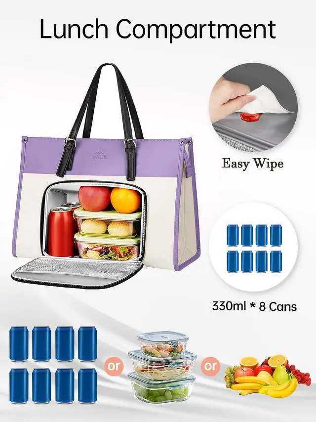 Alt view image 2 of 5 - MATEIN Womens Work Bag with Lunch Compartment, 15.6 Inch PU Leather Laptop Handbags with Insulated Pocket, Waterproof Large Office Bag for Work, Purple Lunch Tote Purse for Teacher, Nurse, Gift