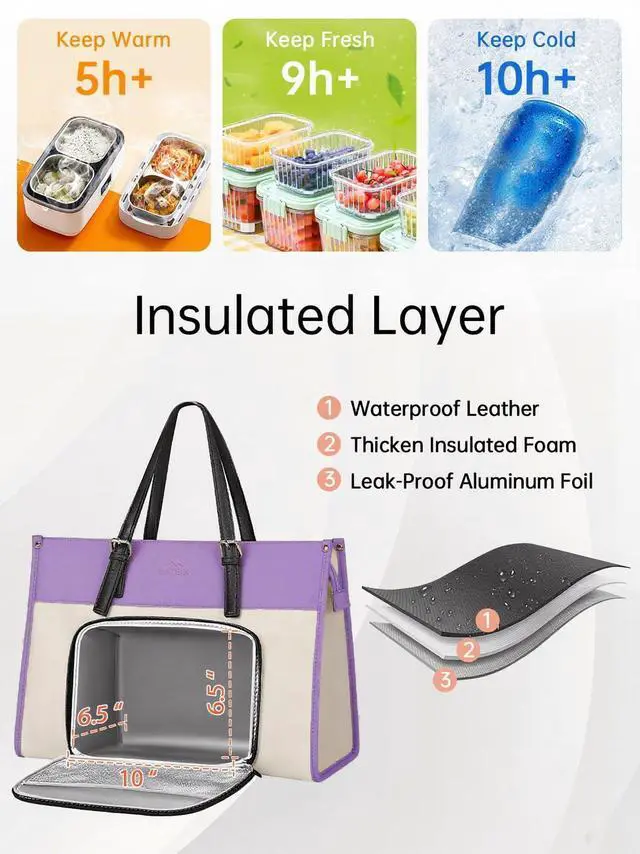 Alt view image 3 of 5 - MATEIN Womens Work Bag with Lunch Compartment, 15.6 Inch PU Leather Laptop Handbags with Insulated Pocket, Waterproof Large Office Bag for Work, Purple Lunch Tote Purse for Teacher, Nurse, Gift