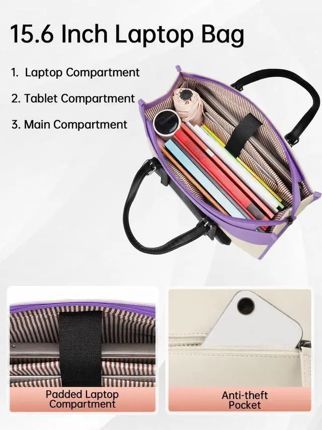 Alt view image 5 of 5 - MATEIN Womens Work Bag with Lunch Compartment, 15.6 Inch PU Leather Laptop Handbags with Insulated Pocket, Waterproof Large Office Bag for Work, Purple Lunch Tote Purse for Teacher, Nurse, Gift