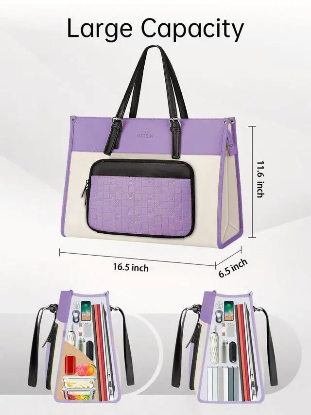 Alt view image 4 of 5 - MATEIN Womens Work Bag with Lunch Compartment, 15.6 Inch PU Leather Laptop Handbags with Insulated Pocket, Waterproof Large Office Bag for Work, Purple Lunch Tote Purse for Teacher, Nurse, Gift