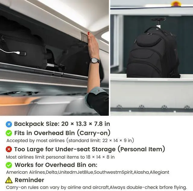 Alt view image 3 of 5 - Boavan Rolling Backpack,17 inch Water Resistant Wheeled Backpack,Carry on Luggage Business Bag, Overnight College Computer Trolley Suitcase for Men Women Adults to TravelBlack