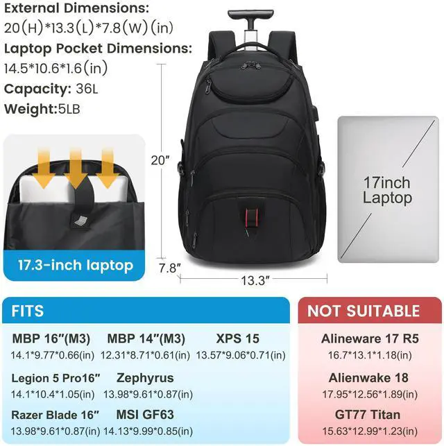 Alt view image 2 of 5 - Boavan Rolling Backpack,17 inch Water Resistant Wheeled Backpack,Carry on Luggage Business Bag, Overnight College Computer Trolley Suitcase for Men Women Adults to TravelBlack