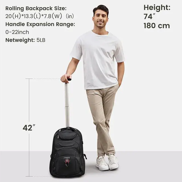 Alt view image 4 of 5 - Boavan Rolling Backpack,17 inch Water Resistant Wheeled Backpack,Carry on Luggage Business Bag, Overnight College Computer Trolley Suitcase for Men Women Adults to TravelBlack