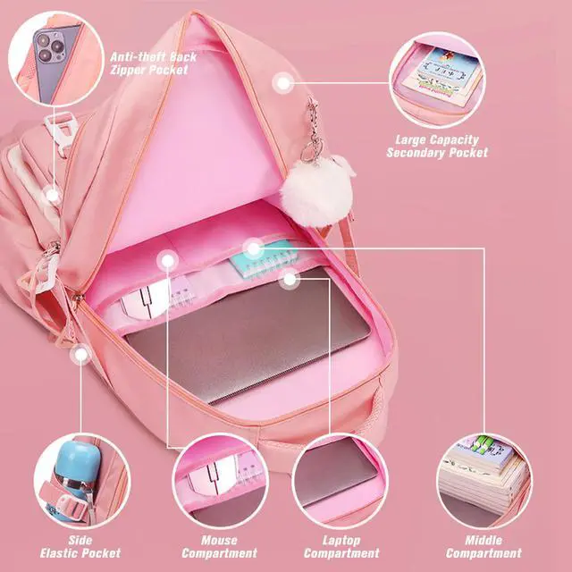 Alt view image 4 of 5 - Rubytor 5PCS Kids Backpack Set Cute School Backpacks for Girls, Kawaii Teenage Laptop Bag 17in Fashion Daypack, Large Capacity Double Shoulder Backpack for Primary Elementary High School, Pink