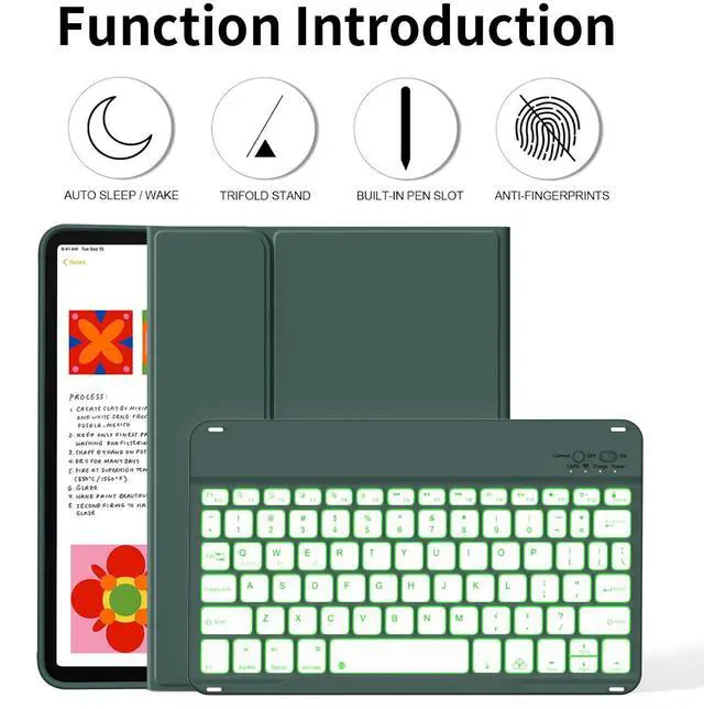 Alt view image 2 of 5 - kenke for iPad 11/10th Gen Case with Keyboard 11/10.9 inch 2025 A16/2022, Detachable Wireless Bluetooth Keyboard Case with Right Side Pencil Holder, Backlit White Square Keycaps (Dark Green