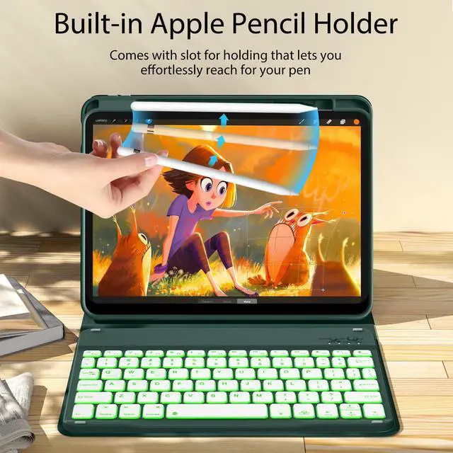 Alt view image 4 of 5 - kenke for iPad 11/10th Gen Case with Keyboard 11/10.9 inch 2025 A16/2022, Detachable Wireless Bluetooth Keyboard Case with Right Side Pencil Holder, Backlit White Square Keycaps (Dark Green
