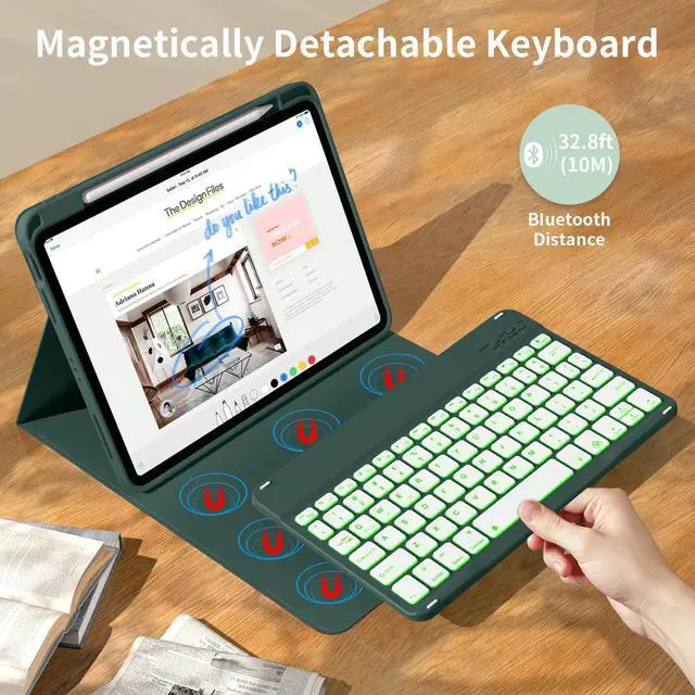 Alt view image 3 of 5 - kenke for iPad 11/10th Gen Case with Keyboard 11/10.9 inch 2025 A16/2022, Detachable Wireless Bluetooth Keyboard Case with Right Side Pencil Holder, Backlit White Square Keycaps (Dark Green