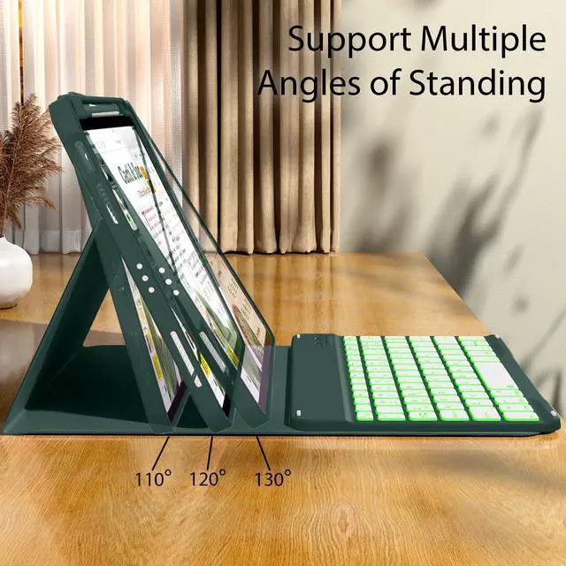 Alt view image 5 of 5 - kenke for iPad 11/10th Gen Case with Keyboard 11/10.9 inch 2025 A16/2022, Detachable Wireless Bluetooth Keyboard Case with Right Side Pencil Holder, Backlit White Square Keycaps (Dark Green