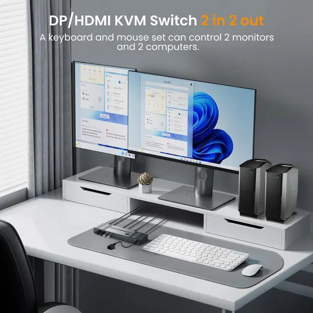 Alt view image 2 of 5 - 8K@60Hz HDMI+DP KVM Switch with 4-Port USB 3.0 Hub Dual HDMI Monitor KVM Switch for 2 Computers Supports Extended/Copy Mode, Keyboard & Mouse Sharing, Includes USB Cables & Remote Controller