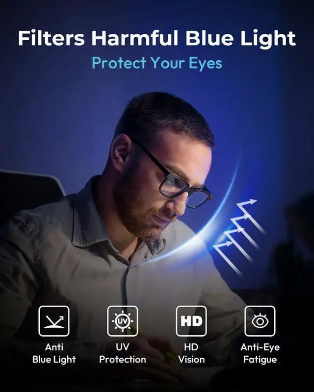 Alt view image 3 of 5 - Blue Light Blocking Glasses - Anti Glare & Eyestrain, 99% Filter, Lightweight Acetate Frame for Gaming/Office/Reading