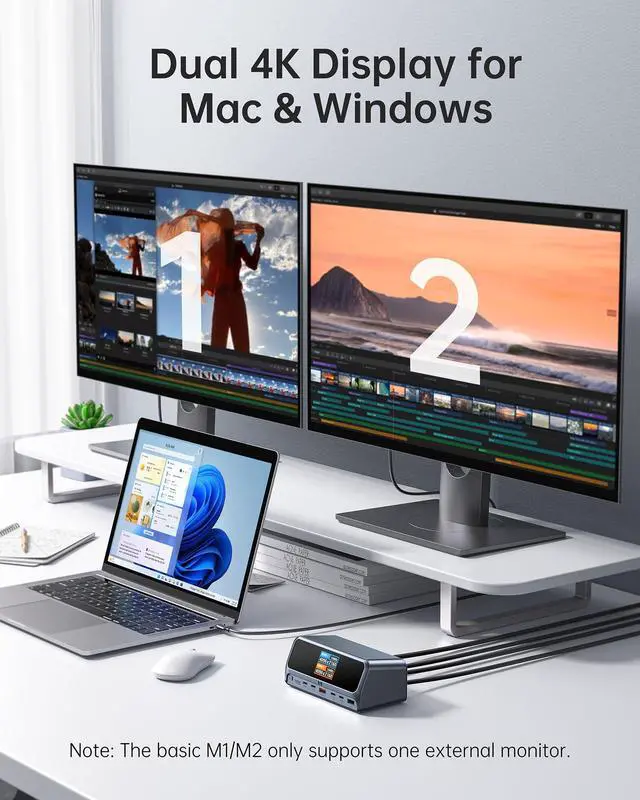 Alt view image 3 of 5 - Selore Laptop Docking Station Dual Monitor with 160W Max Output, 2.26" LCD Display, Dual 4K HDMI, 10Gbps USB A/C Ports, AC Power Port, Gigabit Ethernet for macOS and Windows